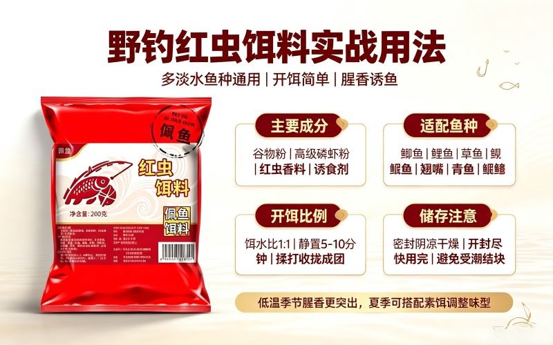野钓红虫饵料实战用法,多淡水鱼种通用作钓饵料分享